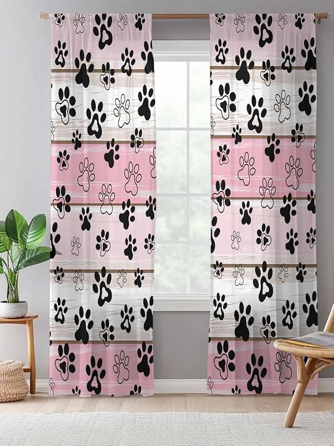 Sheer Curtains 96 Inches Long, Pink Beige Paw Print Semi Sheer Curtains Light Filtering Window Treatment, Vintage Farmhouse Country Wooden Grain Privacy Voile Drapes for Living Room Bedroom 52x96 Inch