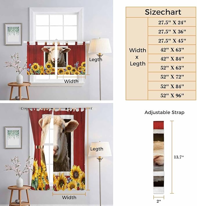 Sheep Sunflower Living Room Curtains 96 Inch Length, Window Curtains Tab Top, Country Red Farm Barn Spring Flowers Light Filtering Window Treatments Drapes 52"x96" 2 Panel