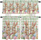 Easter Kitchen Curtains Set 3 Piece for Windows, Rod Pocket Valance and Tier Set 24 Inch Length, Spring Rabbit Eggs Flower Butterfly Green Plaid Light Filtering Cafe Curtains for Living Room Bathroom