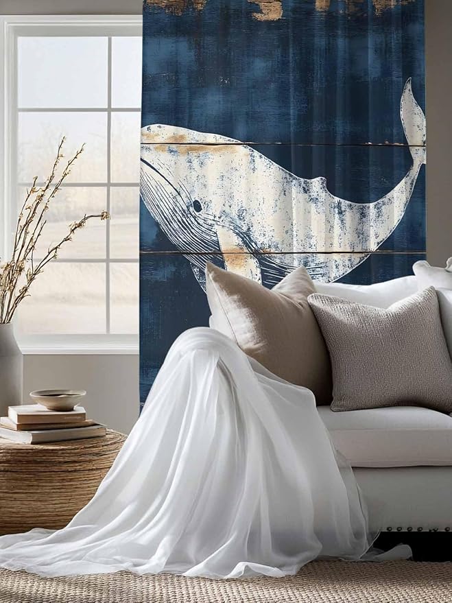 Sheer Curtains 72 Inches Long, Ocean Whale Blue Semi Sheer Curtains Light Filtering Window Treatment, Coastal Vintage Wooden Grain Privacy Voile Drapes for Living Room Bedroom 52x72 Inch