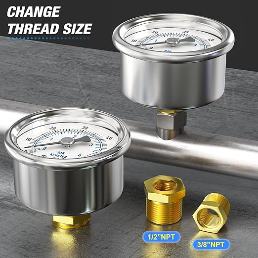 MEANLIN MEASURE 0~60Psi Dry Pressure Gauge Stainless Steel 1/4"NPT 2"FACE DIAL Waterproof for Pool Filter Pump Water Air Compressor Tire Pressure Tester Back Mount with 1/2"NPT and 3/8"NPT Hex Bushing