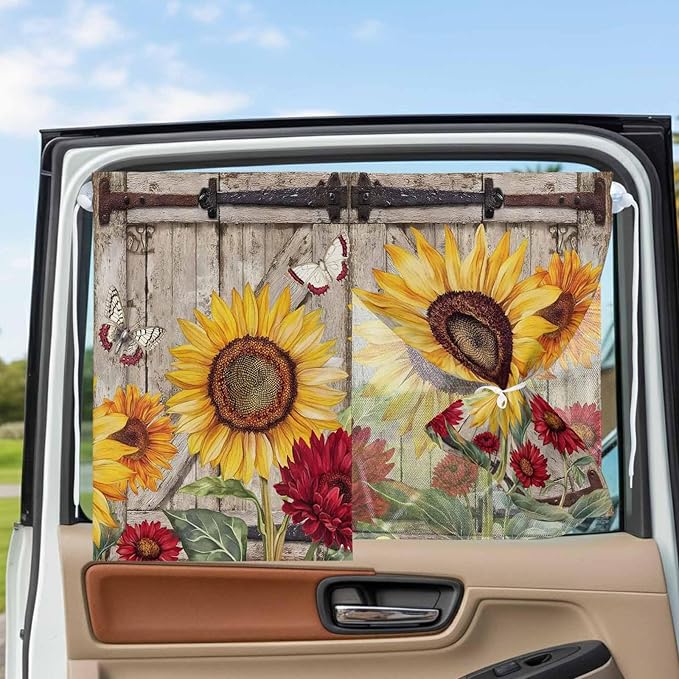 Sunflowers Magnetic Double Layer Car Window Shades,Side Window Curtains for Blackout/Breathable Mesh View,Retro Flower Barn Doors Butterfly Farmhouse Brown Heat Protection Sun Shades 26x20in 1pcs
