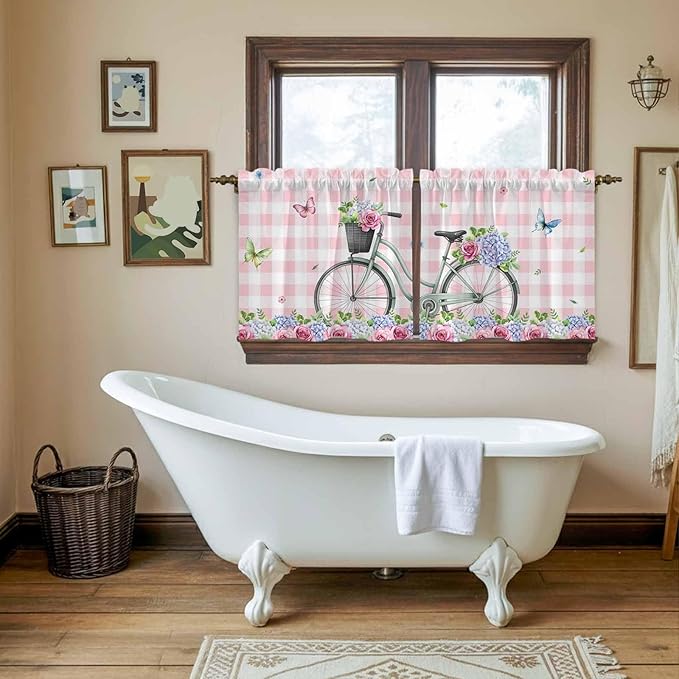 Spring Tier Curtains, Bicycles Leaves Butterfly Flowers Pink Buffalo Plaid Light Filtering Kitchen Curtains, 2Pcs Rod Pocket Half Window Treatments Panels for Sink Cafe Cabinet Camper 27.5x24 Inches