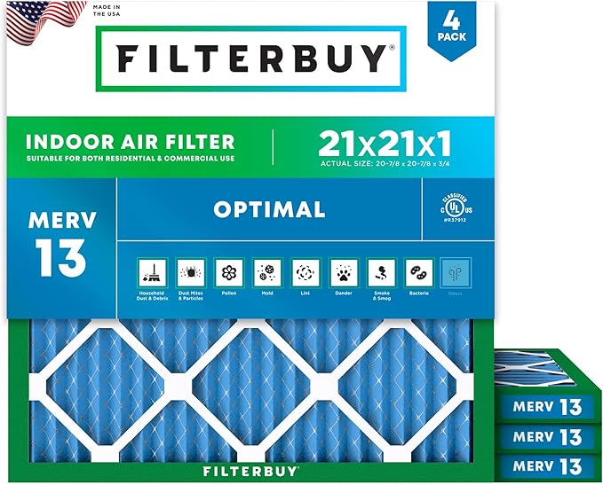 Filterbuy 21x21x1 Air Filter MERV 13 Optimal Smoke & Allergy Defense (4-Pack), Electrostatic Pleated HVAC AC Furnace Filters Replacement, Made in USA (Actual Size: 20.88 x 20.88 x 0.75)