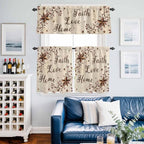 Kitchen Curtains Tiers and Valance Set of 3, Brown Farmhouse Light Filtering Window Curtain Set, Retro Country Stars Rustic Branches Berry Rod Pocket Curtain Drapes for Living Room, 36 Inches Tiers