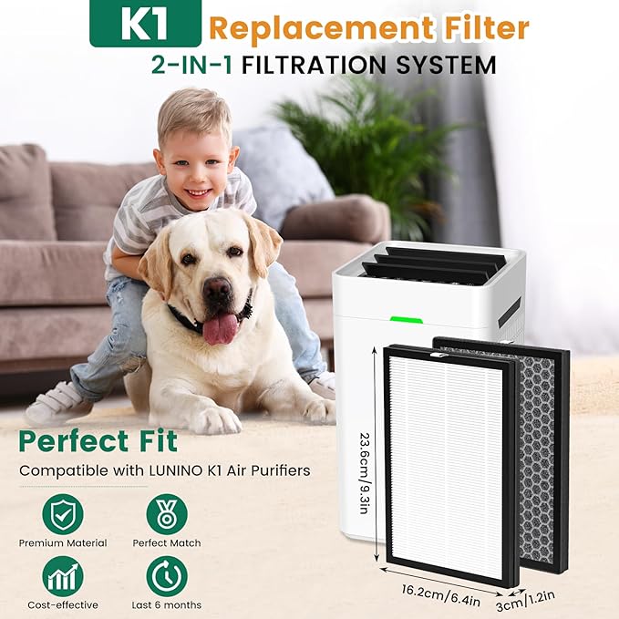 4 Pack K1 Air Purifier Replacement Filter Fit for LUNINO K1,3-in-1 High-Efficiency H13 True HEPA and Activated Carbon Filter,Double-Sided Filters for Home Large Room Up to 2600 Ft²