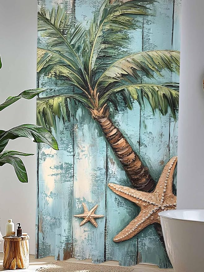 Sheer Curtains 96 Inches Long, Coastal Blue Green Tree Semi Sheer Curtains Light Filtering Window Treatment, Beach Tropical Vintage Wood Grain Privacy Voile Drapes for Living Room Bedroom 52x96 Inch