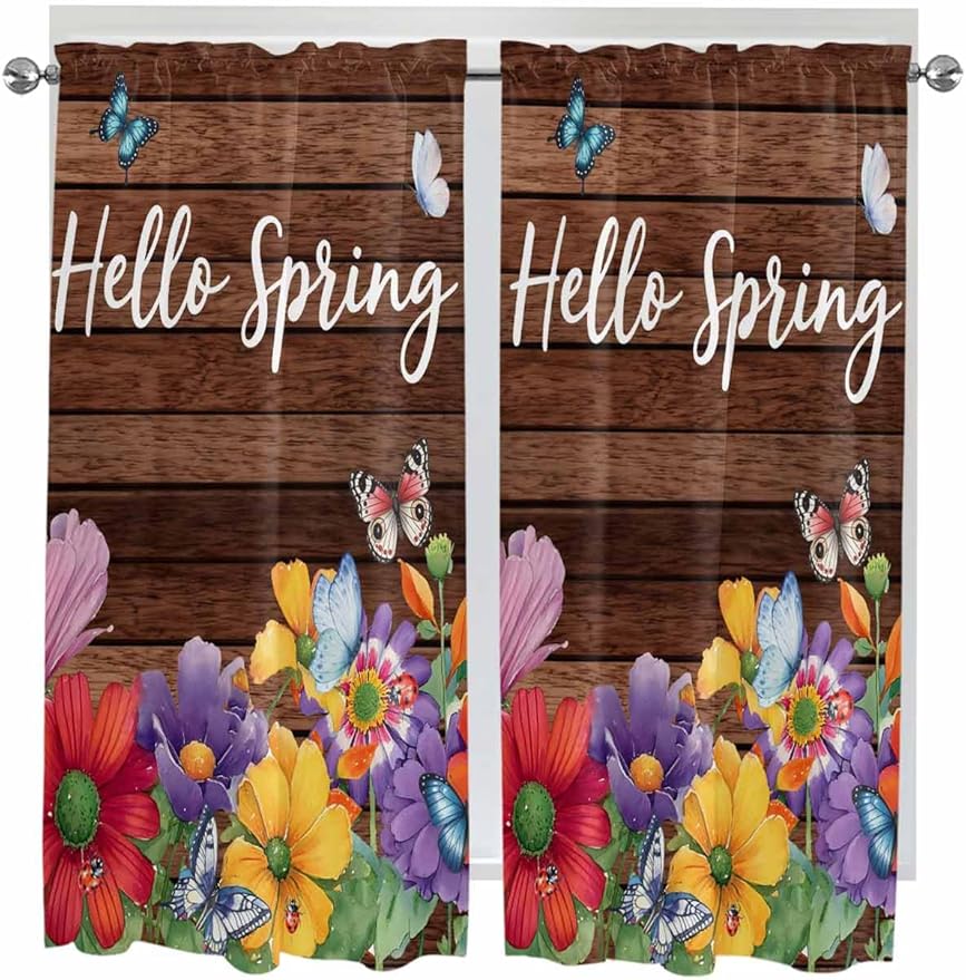 Spring Flowers Living Room Curtains 72 Inches length, Watercolor Farmhouse Colorful Wooden Grain Window Treatment Curtain Drapes, Light Filtering Drapes for Bedroom Laundry Room, 52"x72", 2 Panels