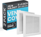 Repa Market 8 x 8 Inch (Outer) White Square Air Vent Cover - Pack of 2 Plastic Fresh Air Intake Vent - AC Cover with Nylon Mesh Screen, Wall, Ceiling HVAC Return Air Register, Modern Soffit Vents