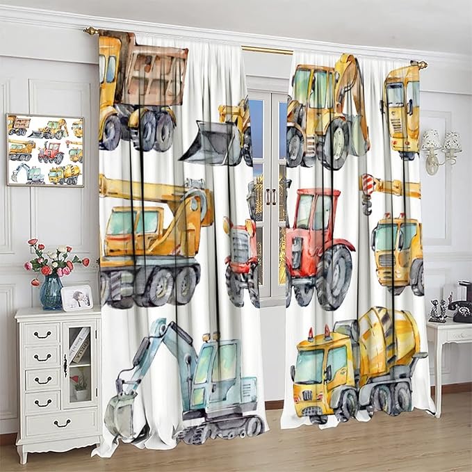 Kids Excavator Curtains, Retro Truck Tractor Machinery Construction Vehicle Crane Digger Mixer Rod Pocket Decorative Windows Curtain for Teens Girls Boys Room 52x84in (30% Blackout)