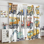 Kids Excavator Curtains, Retro Truck Tractor Machinery Construction Vehicle Crane Digger Mixer Rod Pocket Decorative Windows Curtain for Teens Girls Boys Room 55x63in (30% Blackout)