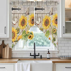 Farm Flowers Swag Valances for Windows, Retro Sunflowers Barn Doors Butterfly Wood Board Rod Pocket Kitchen Curtains Valance, Small Window Curtains Swag for Cafe Living Room, 2 Panels, 36x36 inch