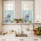 Easter Kitchen Curtain Set, Spring Rabbit Botanical Carrots Green Wooden Grain Window Valance and Tiers 36" Length, Light Filtering Short Curtains Valance for Cafe Bathroom Bedroom 54"x18"