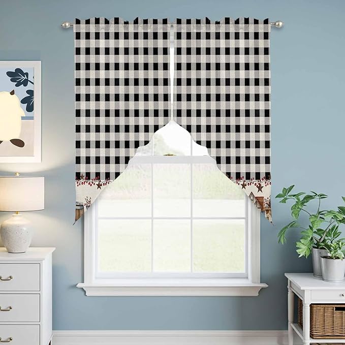 Swag Curtain Valances for Kitchen Windows,Farm Wooden House Black Buffalo Plaid Short Rod Pocket Window Valance,Western Star Swag Topper for Bedroom Living Room,2 Panels 28x36in