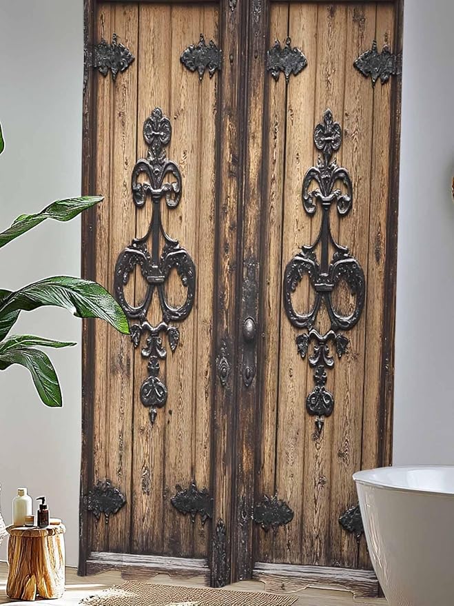 Sheer Curtains 108 Inches Long, Barn Door Semi Sheer Curtains Light Filtering Window Treatment, Farmhouse Wooden Grain Rustic Tribal Pattern Privacy Voile Drapes for Living Room Bedroom 52x108 Inch
