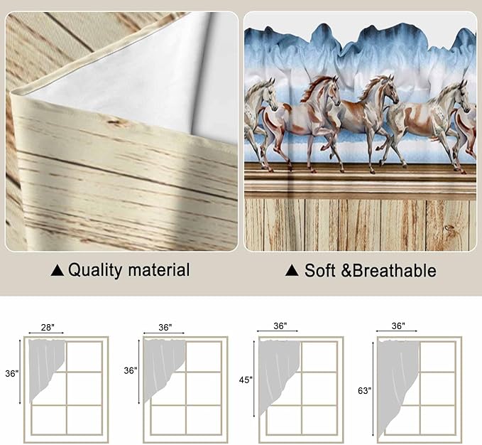 Western Horse Swag Valances for Windows, Farmhouse Wooden Grain Vintage Cowboy Barn Door Rod Pocket Kitchen Curtains Valance, Small Window Curtains Swag for Cafe Living Room, 2 Panels, 36x36 inch