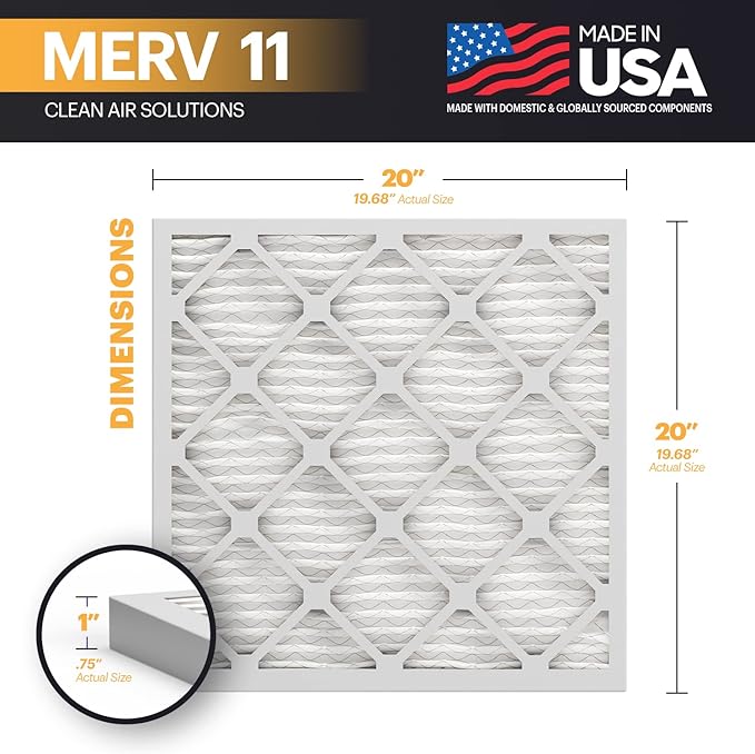 BNX 20x20x1 MERV 11 Air Filter 2 Pack - MADE IN USA - Electrostatic Pleated Air Conditioner HVAC AC Furnace Filters - Removes Dust, Mold, Pollen, Lint, Pet Dander, Smoke, Smog
