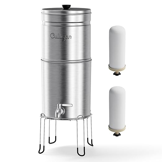 Culligan MaxClear 2.25 Gallon Gravity Water Filter System, Brushed Stainless-Steel Countertop Water Filter NSF/ANSI Certified to Reduce Microplastics, Lead & Total PFAS, with 2 Ceramic Filters