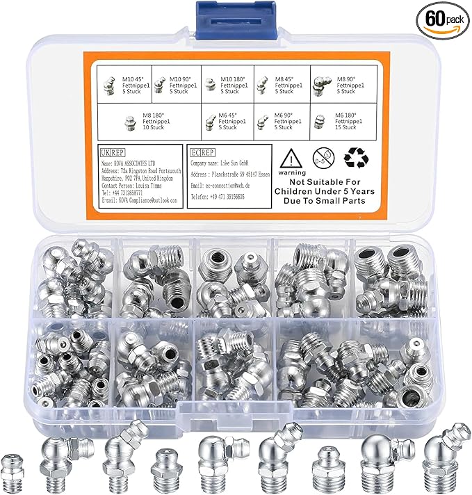 60 Pcs Metric Grease Fittings Kit,Hydraulic Grease Zerk Assortment Kit, 45 90 Degree Grease Gun Fittings,M6 M8 M10 Straight and Angled Grease Zerk Kit for Grease Guns Mechanical Lubrication