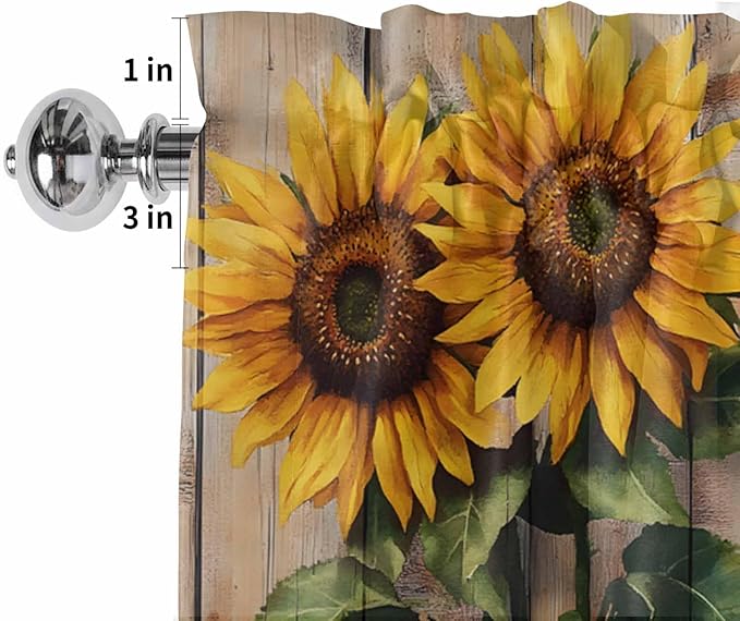 Kitchen Valances for Window, Watercolor Sunflower Retro Board Light Filtering Rod Pocket Valance Curtain, Farm Brown Wood Grain Short Curtains Window Topper for Bedroom Bathroom Living Room 54x18in