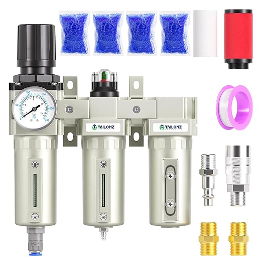 TAILONZ PNEUMATIC 0-240PSI 3/4" NPT Industrial 3-Stage Air Dryer System – Particulate Filter, Coalescing Filter, Desiccant Dryer & Regulator (Auto Drain)