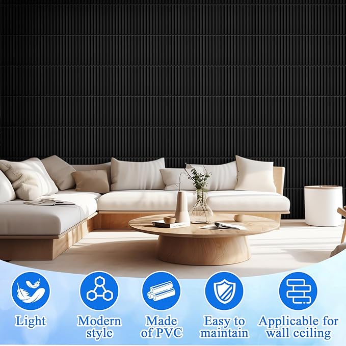 Nuanchu 90 Pcs 3D Slat Wall Panels, 12"x12" PVC Fluted Wall Paneling for Interior Decor, Paintable Waterproof Textured Tiles for Living Room TV Background Gaming Room, 32 Sq. ft Coverage (Black)