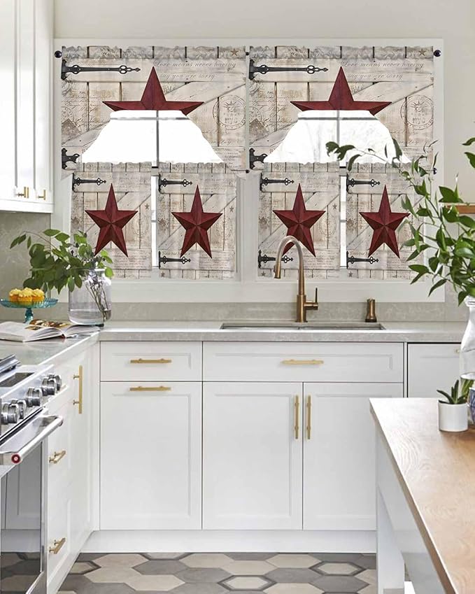 Village Stars Swag Kitchen Curtains Valance and Tier Set, Vintage Dark Red Star Beige Barn Doors Light-Filtering Swag Valance 36 Inch Length, Rod Pocket Short Curtain for Bedroom Cafe