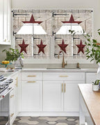 Village Stars Swag Kitchen Curtains Valance and Tier Set, Vintage Dark Red Star Beige Barn Doors Light-Filtering Swag Valance 36 Inch Length, Rod Pocket Short Curtain for Bedroom Cafe