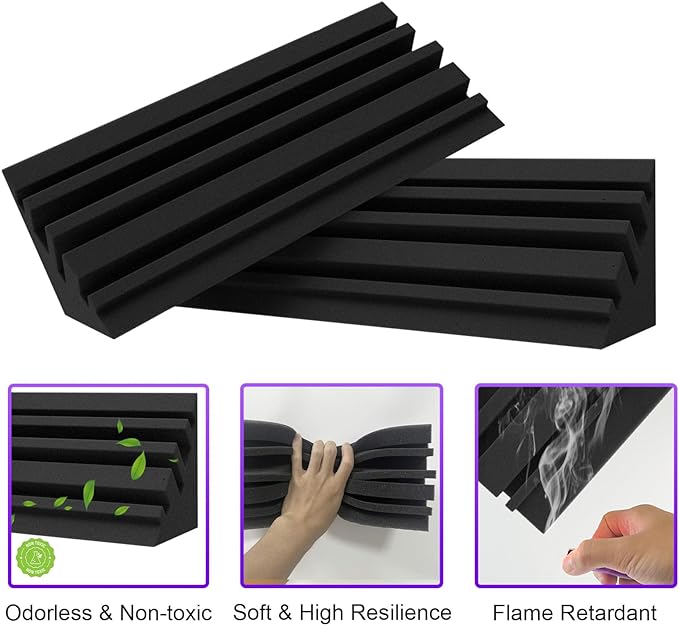 TroyStudio Bass Traps - 12 Pcs 4 X 4 X 12 Inches Dense Thick Studio Bass Foam Corner, Acoustic Treatment Panel Absorbing Echo Reverb, Low Frequency Sound Absorber for Music Room Home Recording Studio