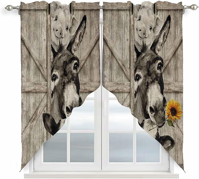 Funny Farm Animals Swag Valances for Windows, Vintage Barn Brown Sunflowers Rod Pocket Kitchen Curtains Valance, Small Window Curtains Swag for Cafe Bathroom Living Room, 2 Panels, 36x36 inch