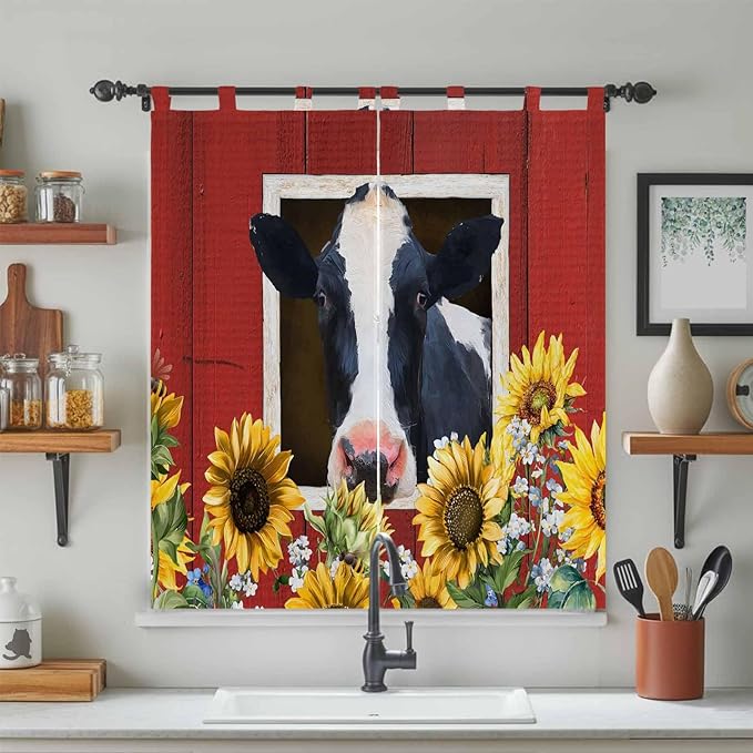Cow Sunflowers Living Room Curtains 84 Inch Length, Window Curtains Tab Top, Botanical Floral Leaves Bees Farm Barn Light Filtering Window Treatments Drapes 42"x84" 2 Panel