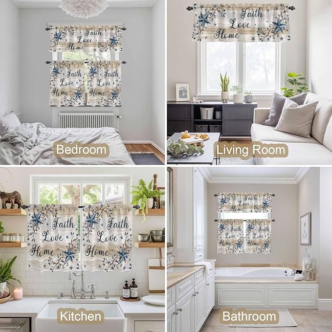 Kitchen Curtains Tiers and Valance Set of 3, Vintage Country Light Filtering Window Curtain Set, Blue Rustic Texas Star Vines Wooden Grain Rod Pocket Curtain Drapes for Living Room, 24 Inches Tiers