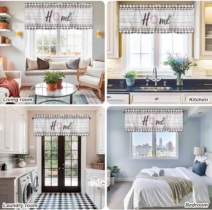 Spring Flowers Curtain Valances for Windows, Kitchen Valance Window Treatment, Farmhouse Watercolor Black Plaid Wood Grain Light Filtering Block Curtains for Bathroom/Bedroom/Living Room 54'' x 18''