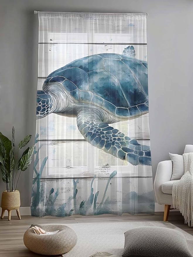 Sheer Curtains 108 Inches Long, Ocean Sea Turtle Semi Sheer Curtains Light Filtering Window Treatment, Coastal Seaweed Vintage Wood Grain Privacy Voile Drapes for Living Room Bedroom 52x108 Inch
