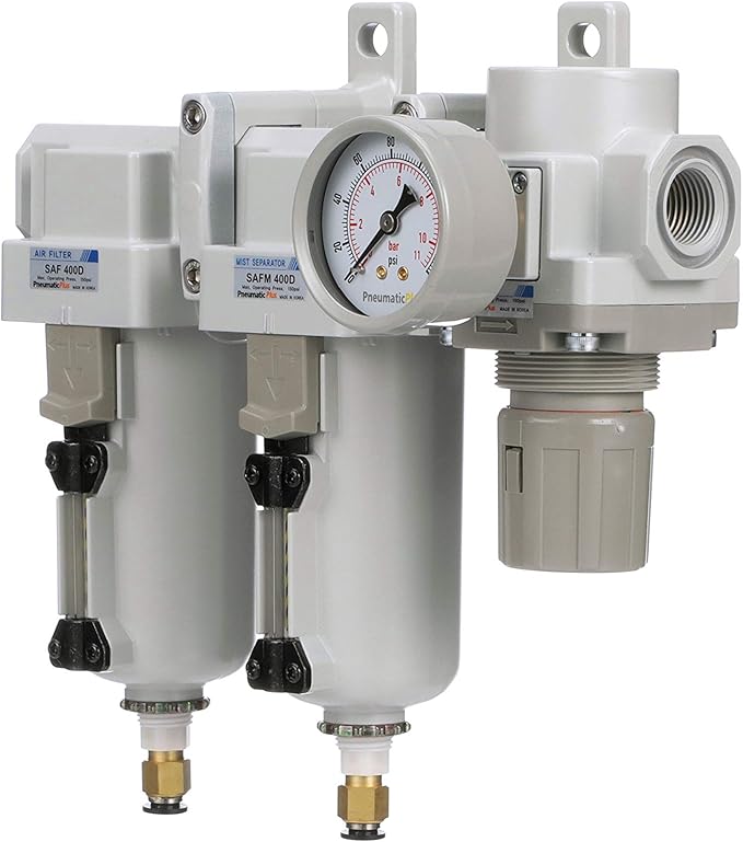 PneumaticPlus SAU430-N06DG-MEP Three Stage Air Drying System Particulate Air Filter, Coalescing Filter, Air Pressure Regulator Combo 3/4" NPT - Metal Bowl, Auto Drain, Bracket, Gauge