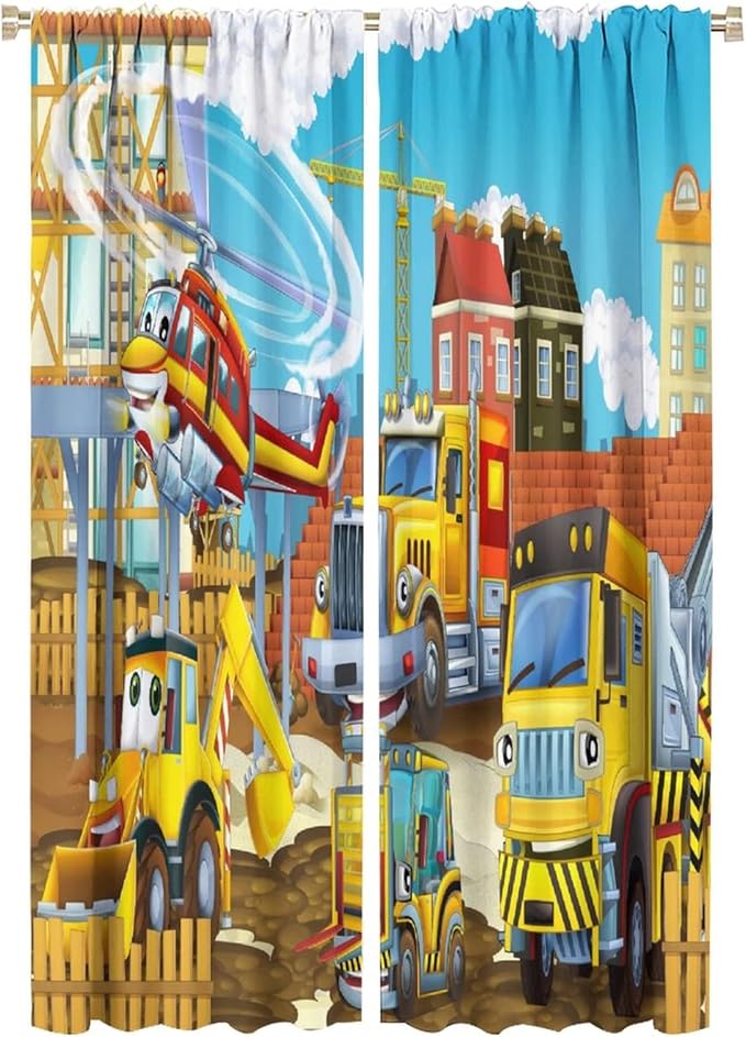 Kids Cartoon Construction Window Curtains, Funny Construction Site Cars and Helicopter Rod Pocket Decorative Windows Curtain for Children Teens Room Decor 42x63in (30% Blackout)