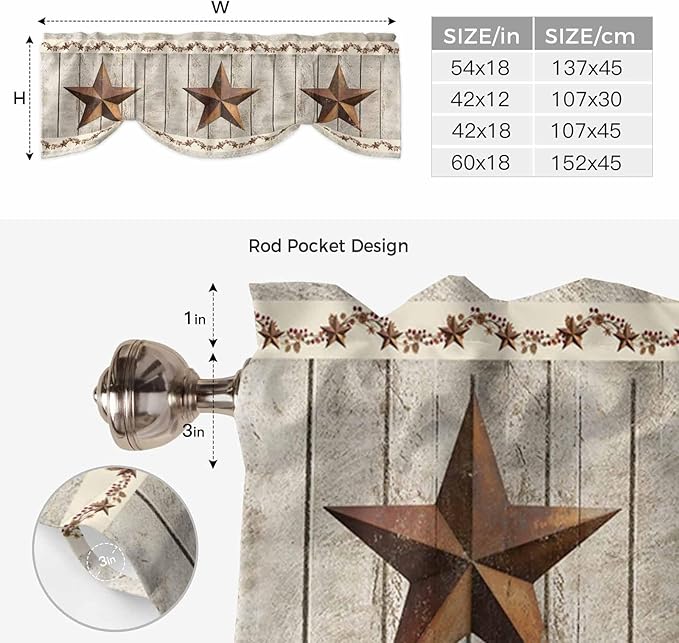 Western Texas Star Retro Tie Up Valance Curtains for Windows, Kitchen Curtains Window Shades, Country Farmhouse Gray Wood Grain Light Filtering Roman Curtain Valances for Bedroom/Bathroom/Cafe 42"x12"