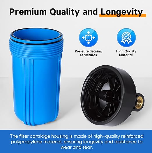 PUREPLUS 2-Stage Whole House Water Filtration System, Reduces Chlorine, Odor, Heavy Metals, Iron, Manganese, 10"x4.5" Housing, 1" Inlet/Outlet, PP Sediment & RFN Iron Filter, Pressure Gauges Included