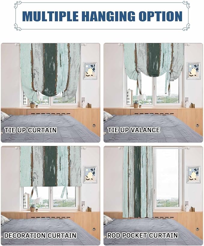Tie Up Curtains for Windows, Blue Teal Adjustable Balloon Nature Linen Textured Kitchen Curtain, Vintage Wooden Retro Art Farmhouse Barns Thermal Insulated Curtains for Window, 42" x 54"