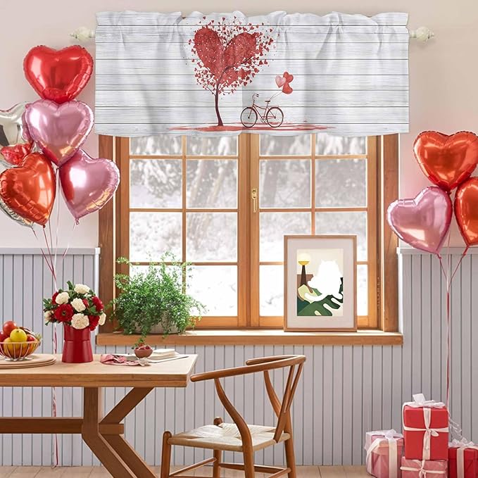 Valentine's Day Valance Curtains for Kitchen, Red Love Trees Bicycles Balloons Wood Grain Privacy Rod Pocket Valance Curtain, Light-Filtering Window Treatment for Bedroom Bathroom, 54"x18"