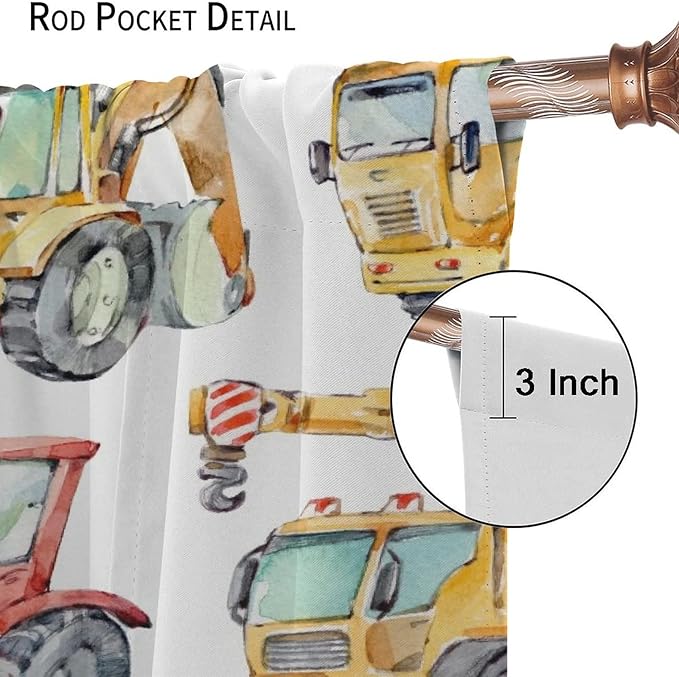 Kids Excavator Curtains, Retro Truck Tractor Machinery Construction Vehicle Crane Digger Mixer Rod Pocket Decorative Windows Curtain for Teens Girls Boys Room 63x63in (30% Blackout)