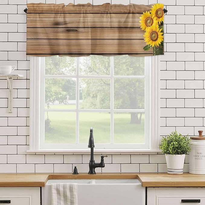 Kitchen Valances for Window, Farm Sunflower on Vintage Wood Grain Light Filtering Rod Pocket Valance Curtain, Spring Country Plant Short Curtains Window Topper for Bedroom Living Room 54x18in