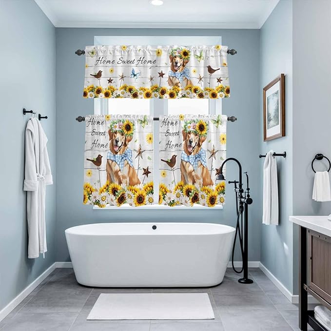 Kitchen Curtains Tiers and Valance Set of 3, Sunflowers Dog Light Filtering Window Curtain Set, Spring Watercolor Floral Stars Wood Grain Rod Pocket Curtain Drapes for Living Room, 24 Inches Tiers
