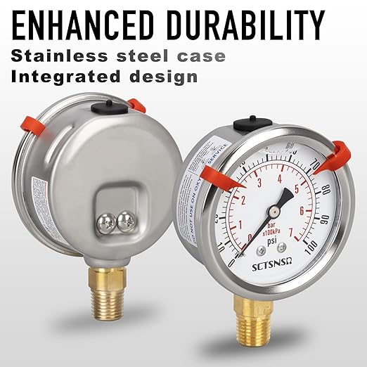 0 to 100 Psi Lead-Free Pressure Gauge, Glycerin Liquid Filled, 2.5 inch Dial, 1/4" NPT Lower Mount, Stainless Steel Case, for Water Pump, Pneumatic Air, Well Tank, RV Hose, Gas, Pressure Test