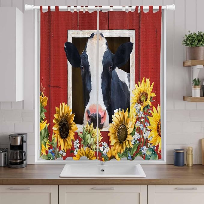 Cow Sunflowers Living Room Curtains 96 Inch Length, Window Curtains Tab Top, Botanical Floral Leaves Bees Farm Barn Light Filtering Window Treatments Drapes 52"x96" 2 Panel