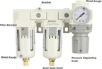 3/8" NPT Three Stage Air Drying System - 5 Micron Particulate Filter Air Pressure Regulator Combo - 0-125psi Gauge, Semi-Auto Drain, Metal Bracket