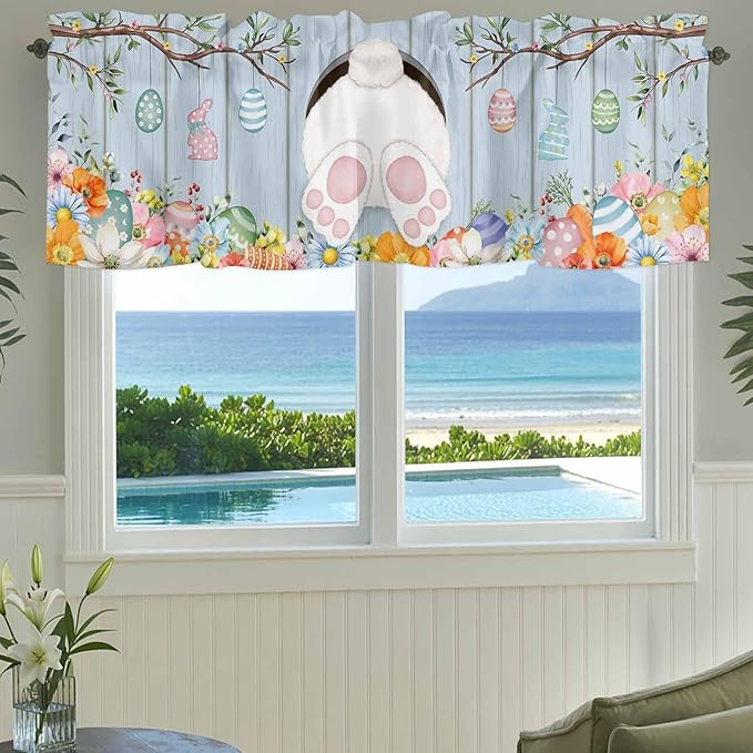 Easter Curtain Valances for Windows, Kitchen Valance Window Treatment, Spring Watercolor Bunny Eggs Flower Wood Grain Blue Light Filtering Block Curtains for Bathroom/Bedroom/Living Room 42'' x 18''