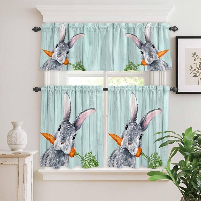 Easter Kitchen Curtain Set, Spring Rabbit Botanical Carrots Green Wooden Grain Window Valance and Tiers 36" Length, Light Filtering Short Curtains Valance for Cafe Bathroom Bedroom 54"x18"