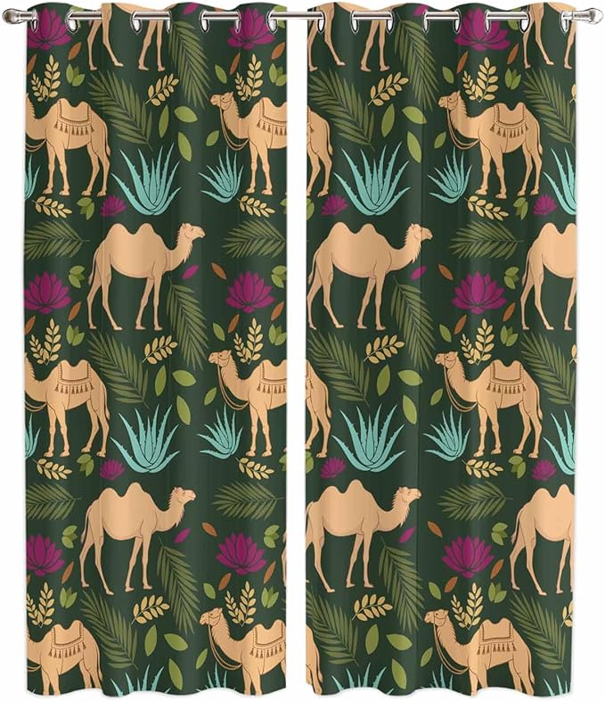 2 Panel Kitchen Cafe Curtains, Retro Desert Camel Sunlight Filtering Nature Air Through, Window Decor Tier Curtains for Living Room 104W x 96L inch Tropical Animal Aloe Vera Leaves Dark Green