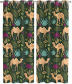 2 Panel Kitchen Cafe Curtains, Retro Desert Camel Sunlight Filtering Nature Air Through, Window Decor Tier Curtains for Living Room 104W x 96L inch Tropical Animal Aloe Vera Leaves Dark Green